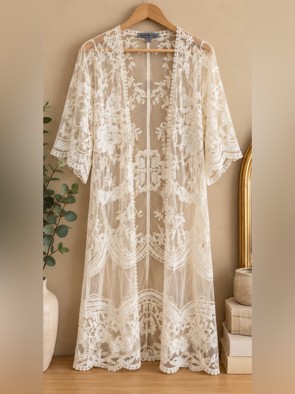 Charlotte Russe Ivory Embroidered Lace Duster Kimono Size Small